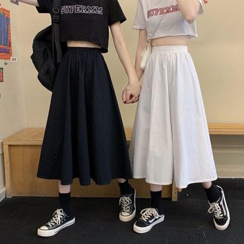 Skirts Women Simple Solid Leisure Loose Plus Size 2XL Long Skirt Korean Style Elastic-Weight A-line Student Streetwear Trendy