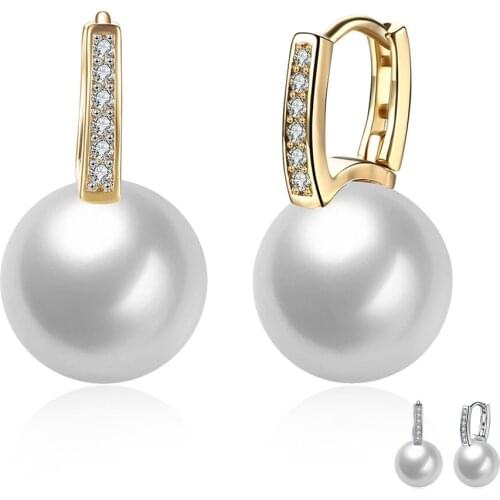 ZEMIOR Drop Earrings For Women Single Row Clean Cubic Zirconia Big Imitation Pearl Earring Anniversary Female Fashion Jewelry