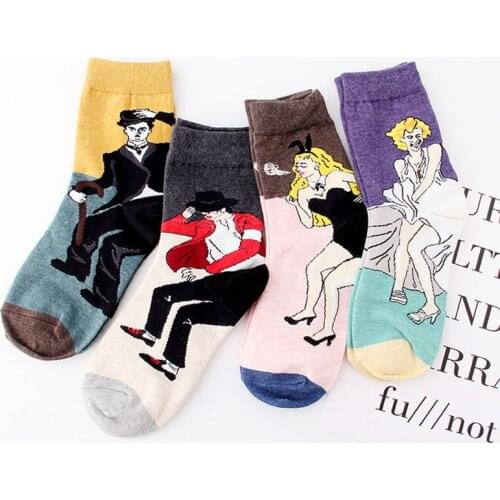 4 Pairs Women Socks Cute Comfortable Korean Women Sock Personality Character Cartoon Student Vintage Piles Shaping Women Sock