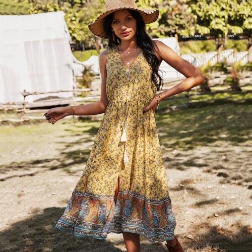 Floral Print Bohemian Vacation Slit Maxi Dress 2021 Drawstring Sleeveless V Neck With Button Ladies Summer Elegant Long Dresses