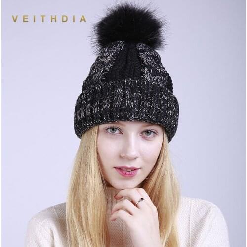 170g VEITHDIA Woman Winter Hat Beanie Faux Fur Ball For Hats Knitted Cap Skully Warm Ski Hat Trendy Soft Super Thick Female Caps