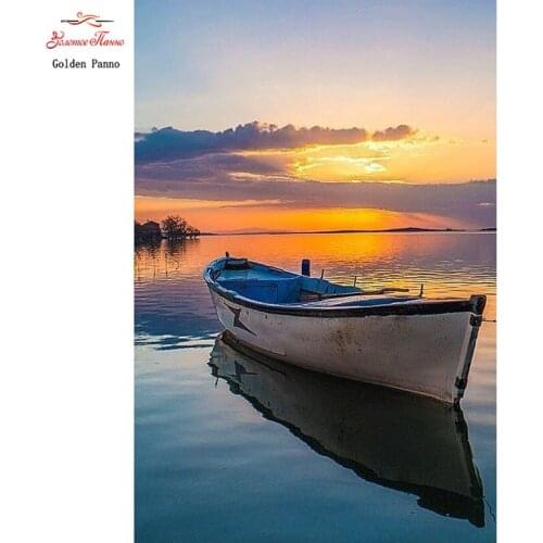 5D DIY diamond painting still life lake boat embroidery cross stitch mosaic home decoration gift Sunset scenery