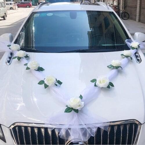 White Rose Artificial Flower for Wedding Car Decoration Bridal Car Decorations Door Handle Ribbons Silk Flower