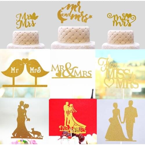 Glitter Love Heart Wedding Cake Topper Bride Groom Mr Mrs Souvenirs Birthday Party Decoration Wrapper Baby Shower Centerpieces