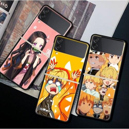 For Samsung Galaxy Z Flip 3 5G Case Luxury Matte Black Hard Phone Cover ZFlip 3 Shockproof Fundas Shell Japan Anime Demon Slayer