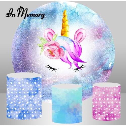 Unicorn Party Round Backdrops For Photography Watercolor Blue Pink Tone Little Stars Girls Newborn Birthday Circle Backgrounds