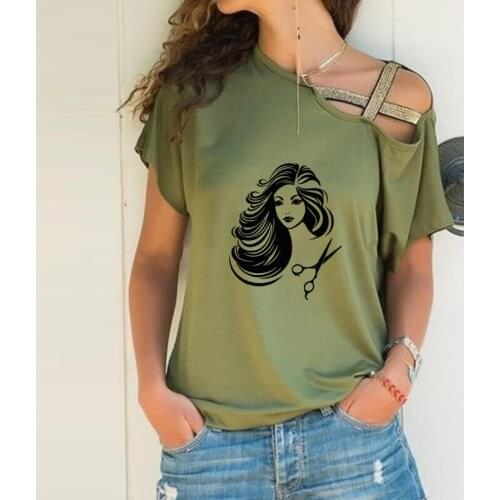 Girl Beauty Hair Salon Letter Print New Loose Irregular T-shirt Women Sexy Skew Neck Cross Bandage Tops for Female Barber Gift