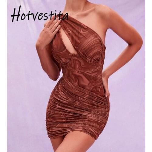 Hotvestita 2021 Summer Sexy Hollow Out Mini Dress One Shoulder Sleeveless Ruched Bodycon Backless Woman Elegant Party Club Dress