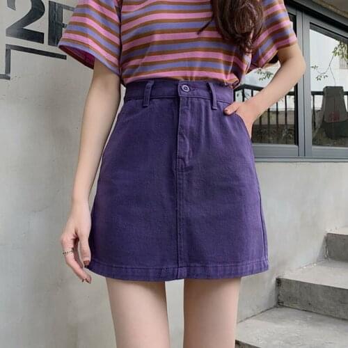 Summer korean soild skirt female high waist slim casual A-line skirt female denim skirts purple harajuku plus size cotton skirt