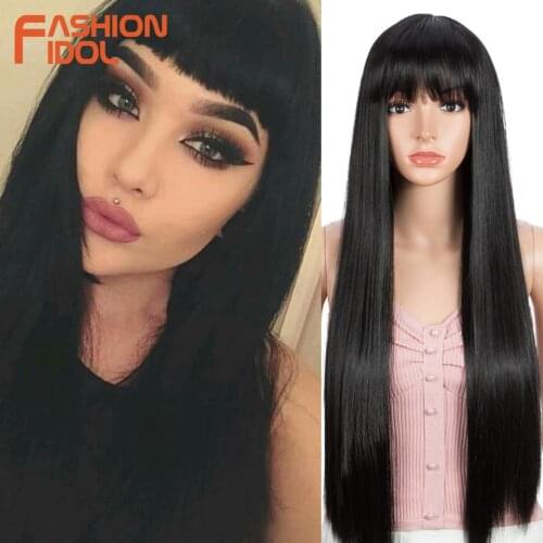 FASHION IDOL 32Inch Bangs Long Straight Hair Synthetic Wigs For Women Ombre Brown Heat Resistant Fiber Cosplay Wig Free Shipping