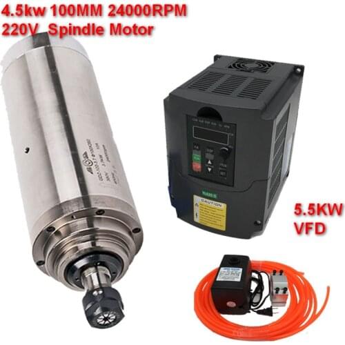 220v 4.5Kw 4500W 100mm Spindle Motor ER20 +5.5kw inverter VFD+75W water pump kits 24000rpm For CNC Engraving