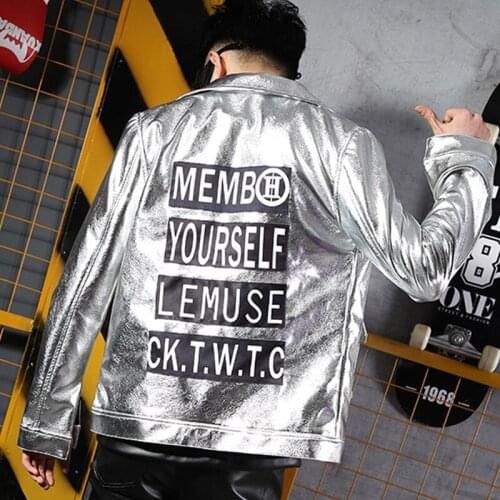 Men Dj Costumes Silver Leather Coat Singer Music Festival Clothing DS MC Hip-Hop Performance Stage Wear Bar Gogo Clothes VDB2651
