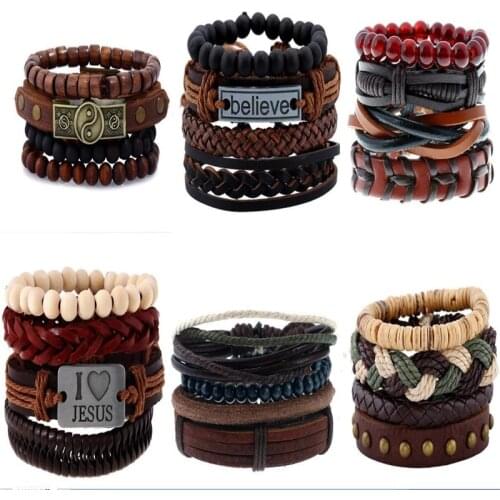 Vintage Leaf Gossip Yin Yang Feather Multilayer Leather Bracelet Men male Fashion Braided Handmade Rope Wrap Bracelets & Bangles