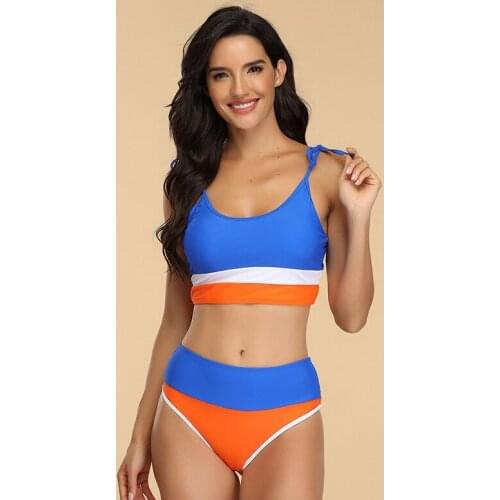 2021 New Fashion Women Sexy Bikini Split Body Collision Color Swimsuit Sport Bikini Set Blue Orange Patchwork SW402