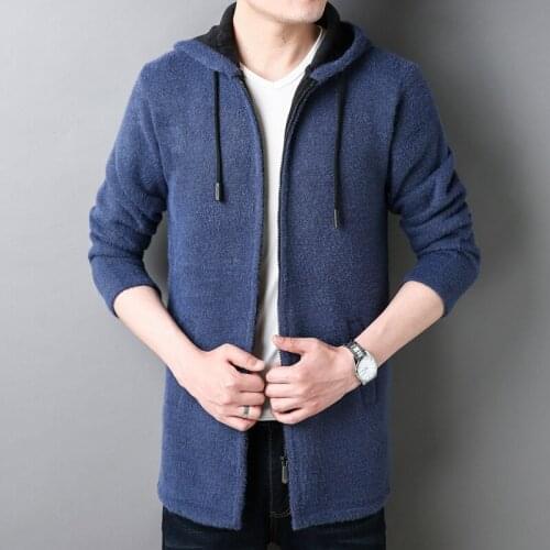 Fall winter mens knitwear, long hooded casual jacket, thick fleece warm wool sweater, streetwear, new menswear