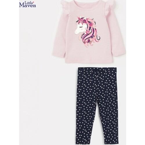 Baby Girls Fall Clothes Autumn Children Set Cotton Two Pieces Suit Toddler Girl Pink Unicorn Shirt + Black Dot Pants 2-7y
