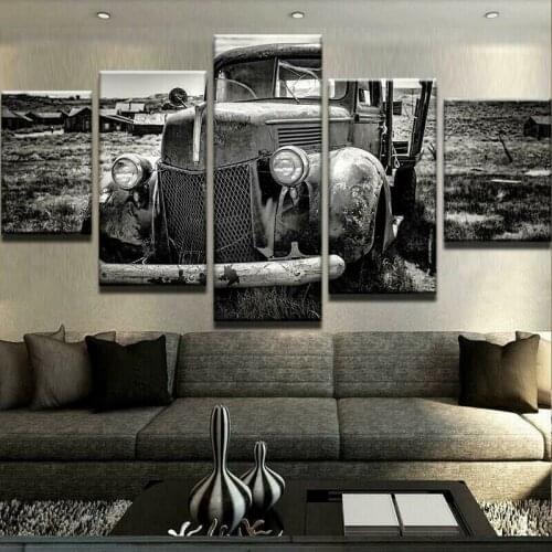 Abandoned Old Car Truck Poster 5 Panel Canvas Picture Print Wall Art Canvas Painting Wall Decor for Living Room Poster No Framed