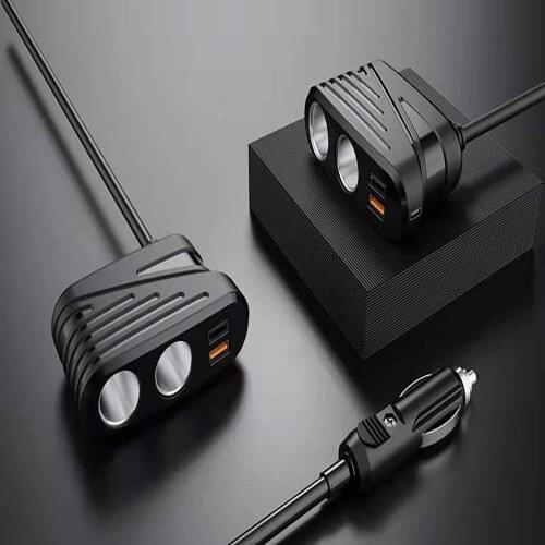 2-Socket 120W Car Charger Splitter 12V/24V 2 USB Cigarette Lighter Adapter One Extra 10A Fuse QC3.0 Ports& Type-C PD 20W