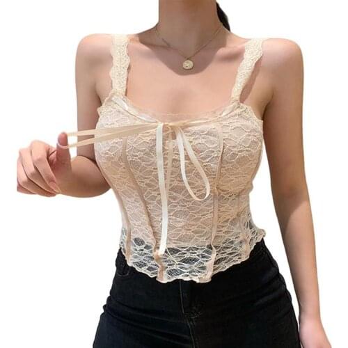 Sexy Retro Bow Lace Corset Top Hollow With Basic Lace Hollow Vest Slim-Fit Sleeveless Camisole Tops Women 2021 Ropa Mujer