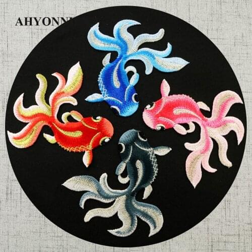 AHYONNIEX Black Golden Blue Fish Embroidered Patches Sewing Stickers for Clothing Applique Soft High Quality DIY Accessories