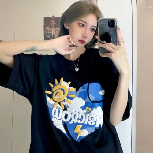 Love cartoon print short-sleeved t-shirt female 2021 summer round neck loose casual college style t-shirt