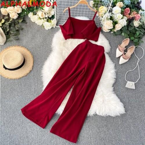 ALPHALMODA 2020 Spring Women Sling Crop Top + Pants 2pcs Casual Sets Solid Sexy Camisole Top + Wide-leg Pants 2pcs Suit