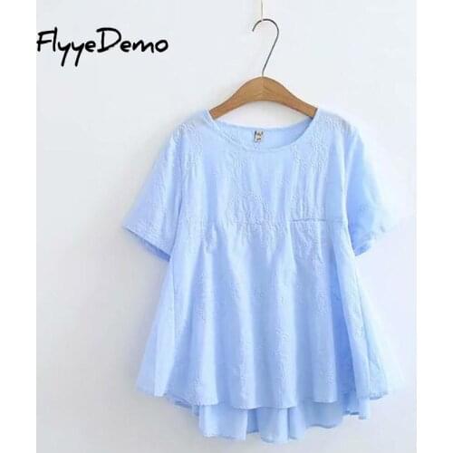 4XL Women 2020 Summer White Blue Tops Floral Embroidery Short Sleeve Tops Tunic Blouse Loose Causal Women Shirts Plus Size