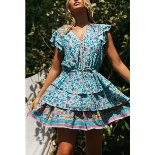 Happie Queens women floral print beach Bohemian Mini dress Ladies ruffles short sleeve v-neck rayon cotton Boho dress vestidos