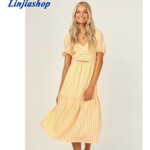 Vintage Ruffles Midi Women Dress Summer Yellow Tartan Print Sashes Vestidos Retro Hollow Out Holiday Dresses