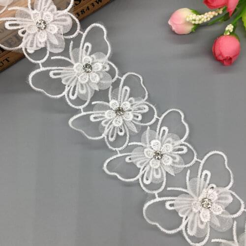 1yard White Diamond Butterfly Flower Lace Trim Embroidered Lace Ribbon Fabric Sewing Craft For Costume Clothes Decoration 7x4cm