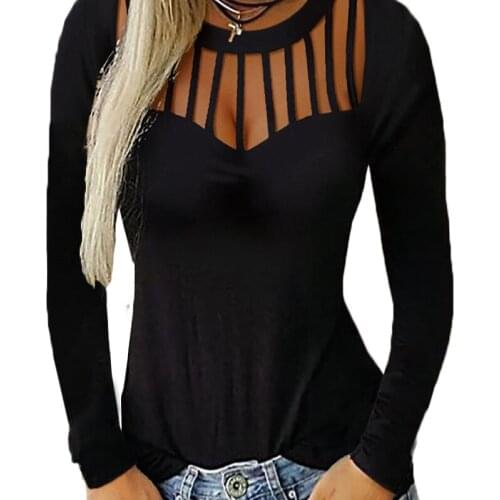 2020 Women Hollow Out Long Sleeve Loose T Shirt Ladies Casual Ripped T-Shirts Tops Tee