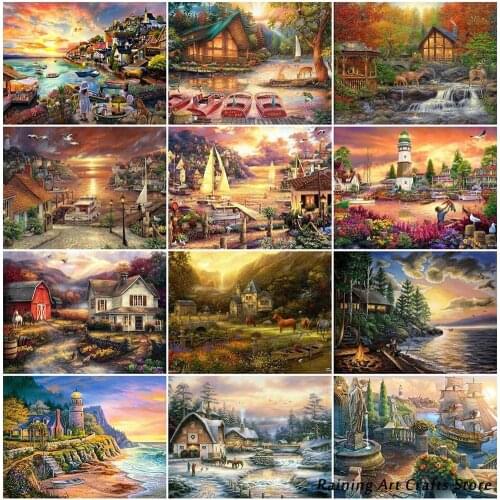 Diamond Painting 5D House Lighthouse Full Round Square Drill Embroidery Sunset Landscape Rhinestones Pictures Needlework Decor