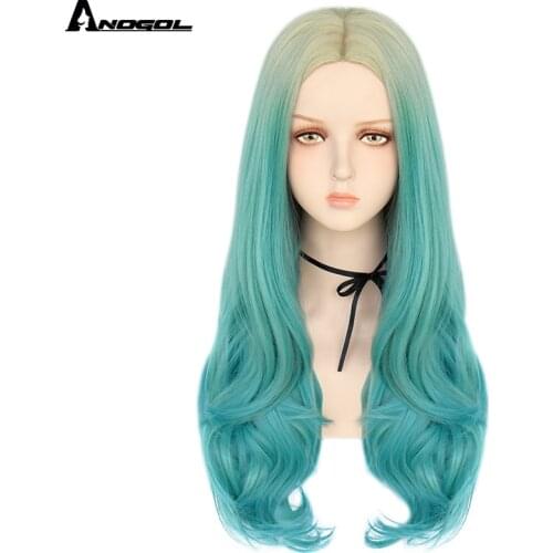 Anogol Platinum Ombre Blue Synthetic Wigs Long Natural Wave Wig Free Part High Temperature Fiber For Women Cosplay