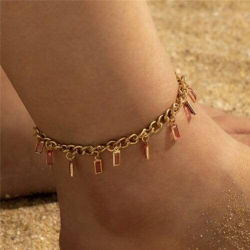 HuaTang Boho Geometric Crystal Pendant Anklet for Women Punk Gold Color Cuban Foot Chains Female Beach Jewelry Tobilleras