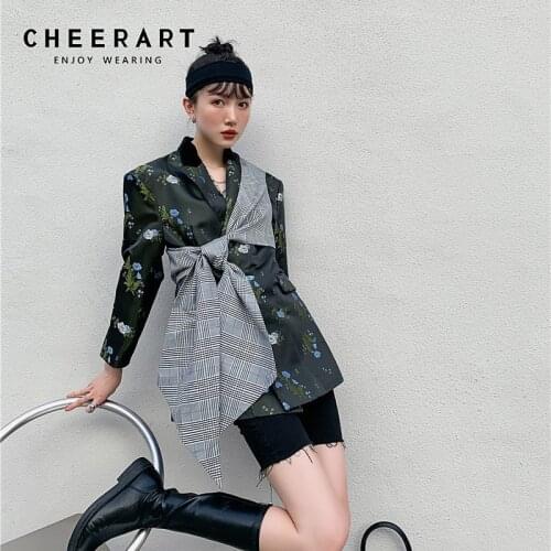 CHEERART 2021 Fashion Designer Floral Blazer Women Patchwork Plaid Jacket Dark Green Ladies Shoulder Pad Blazer Korean Style
