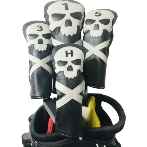 4 Pieces PU Leather Skull Printed Golf Wood Head Cover Golf Club PU Leather Headcovers Fit Driver Fairway Wood Hybrid