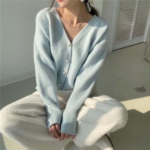 High Quality Elegant Cardigan Sweater 2021 Autumn Winter Korean Fashion Long Sleeve Warm Knit Womens Jacket Blue Pink In Stock