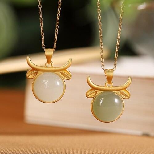 S925 sterling silver gold-plated natural Hetian jade gray jade pendant retro cute cow ladies clavicle chain pendant