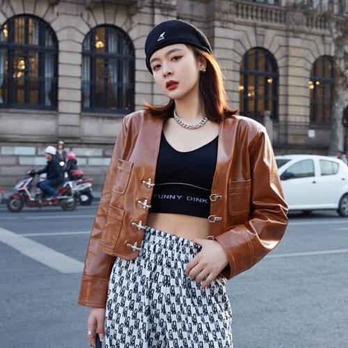 Women Black Coffee color V-neck Loose Short Faux PU Leather Jacket Streetwear Casual Motorcycle Biker Punk Outerwear Autumn 2021