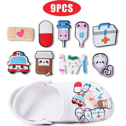 Hot Sale Medical 9pcs/lot PVC Shoe Charms Accessories Decorations Pill Blood Bag Viscera Tooth For Shoe Charms Kids X-mas Gift