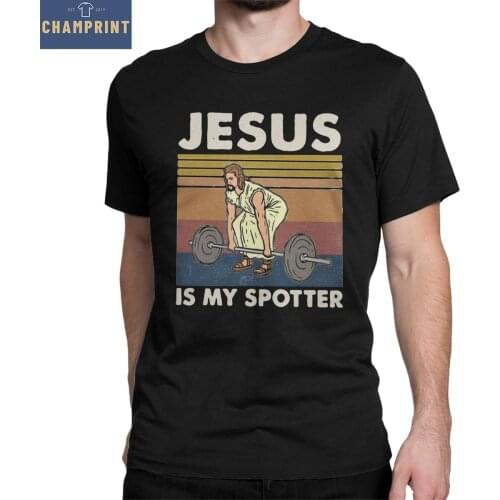 Men T-Shirt Fitness Jesus Is My Spotter 100% Cotton Tee Shirt Gym Weightlifting God Christian T Shirts Fun Clothing New Arrival