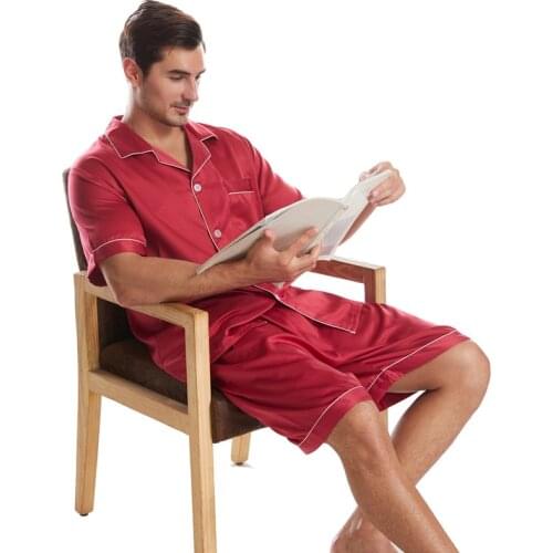 Male Sleepwear Satin Lounge Wear Two Piece PJS Set Men Faux Silk Pajamas Suit Casual 2021 New Short Sleeve Shirt&Shorts