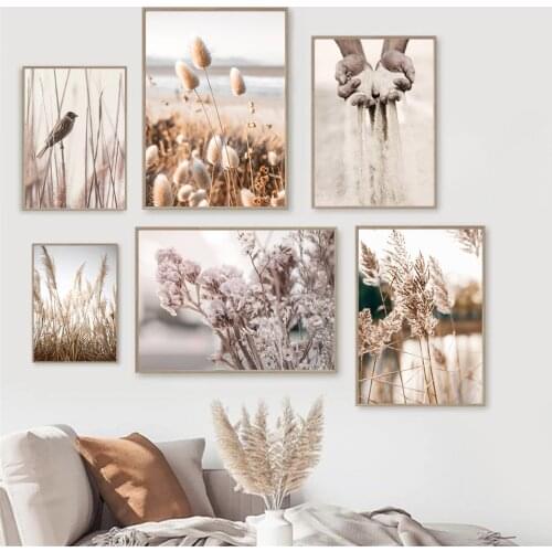 Flower Bird Beach Reed Poster Grains of Sand Wall Art Canvas Print Landscape Painting Nordic Wall Pictures For Living Room Decor