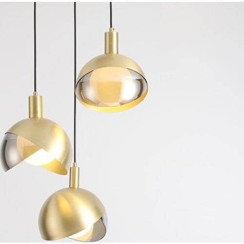 Nordic minimalist gold plated single head pendant lamp opening design smoke gray glass restaurant decoration LED hanging light