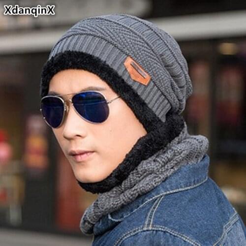XdanqinX Winter New Knitted Hat Warm Thick Beanies Hat Mens Plus Velvet Masked Cap Fashion Sports Cap Ski Earmuffs Hats For Men