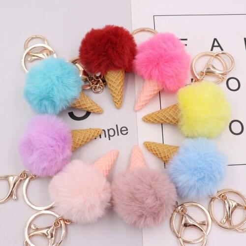 New 5cm Faux Rabbit Fur Hairball Ice Cream Cone Key Chains for Women Fashion Soft Jewelry Girls Sweet Cute Accessories Gifts