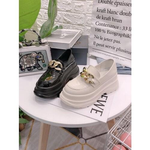 Spring and autumn new thick-soled metal chain increased womens shoes fashion British jk small leather shoes