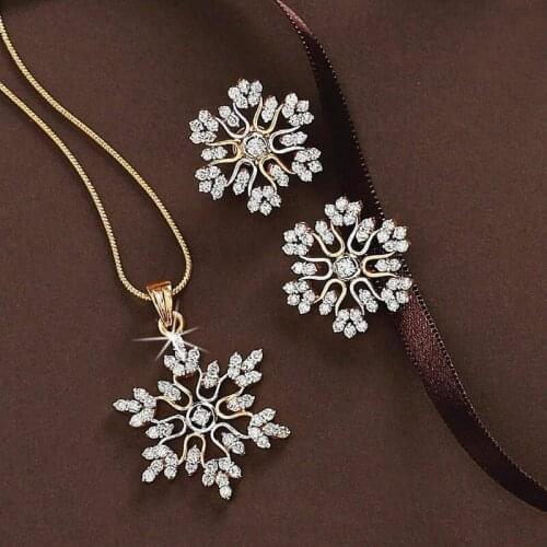Origin Summer Korean Winter Bling Bling Rhinestone Snowflake Earings Necklace Suit for Women Hollow Pendant Necklace Jewelry