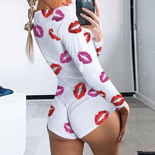 Women Sexy One Piece Pajamas Nightwear Print Long Sleeve Bodycon Stretch Slim Romper Jumpsuit Sleepwear Home Wear 2021