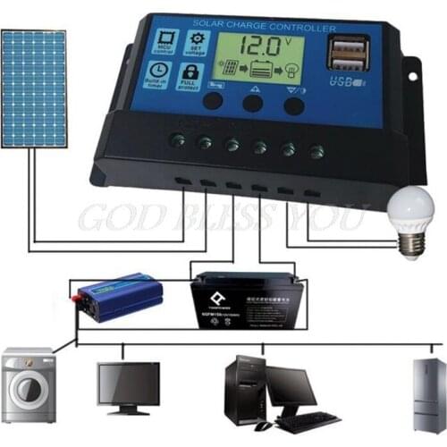 PWM 10/20/30A Dual USB Solar Panel Battery Regulator Charge Controller 12/24V LCD